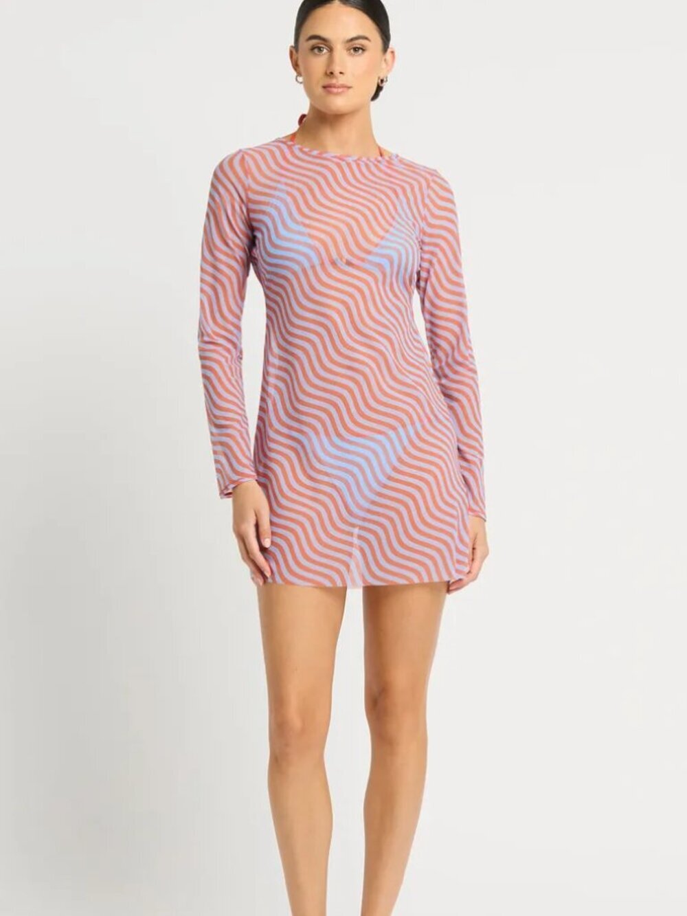 New Bond Eye Gisele Sheer Sunbaked Stripe Swim Beach Cover-Up Mini Dress M/L NWT